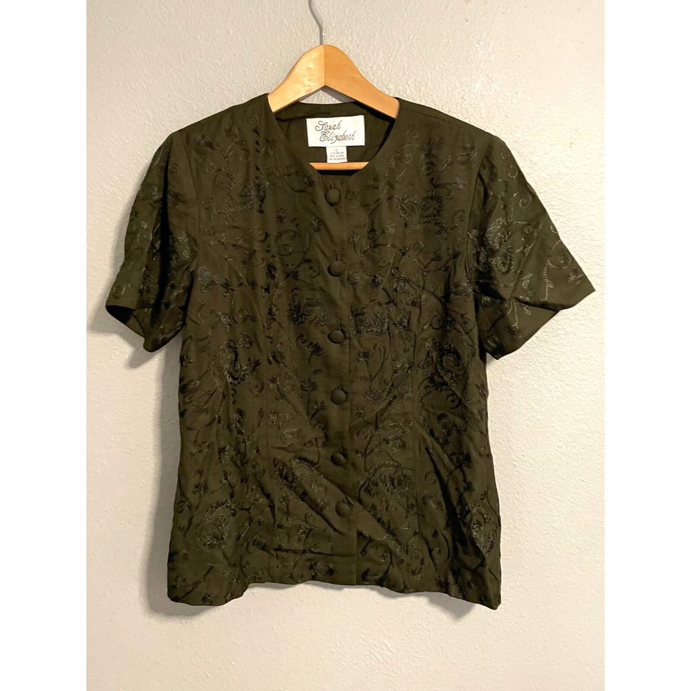 Vintage Womens Top Size 10 Green Floral Embroidered Whimsigoth Romantic 90s